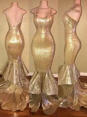 Trumpet/Mermaid Spaghetti Straps Sweep/Brush Train Sleeveless Sequins Ruffles Dresses