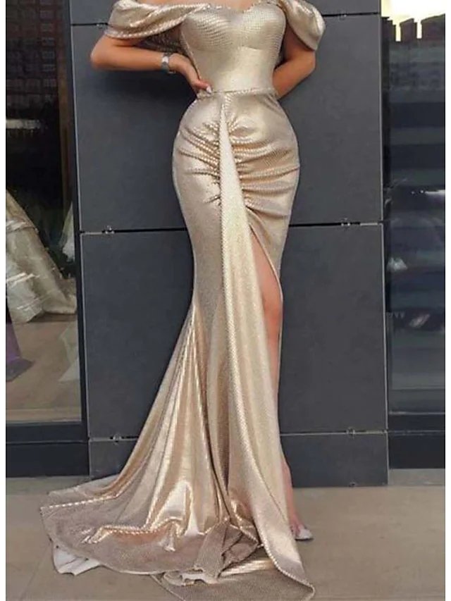 Mermaid / Trumpet Sexy bodycon Wedding Guest Prom Dress Off Shoulder Sleeveless Sweep / Brush Train Satin with Split