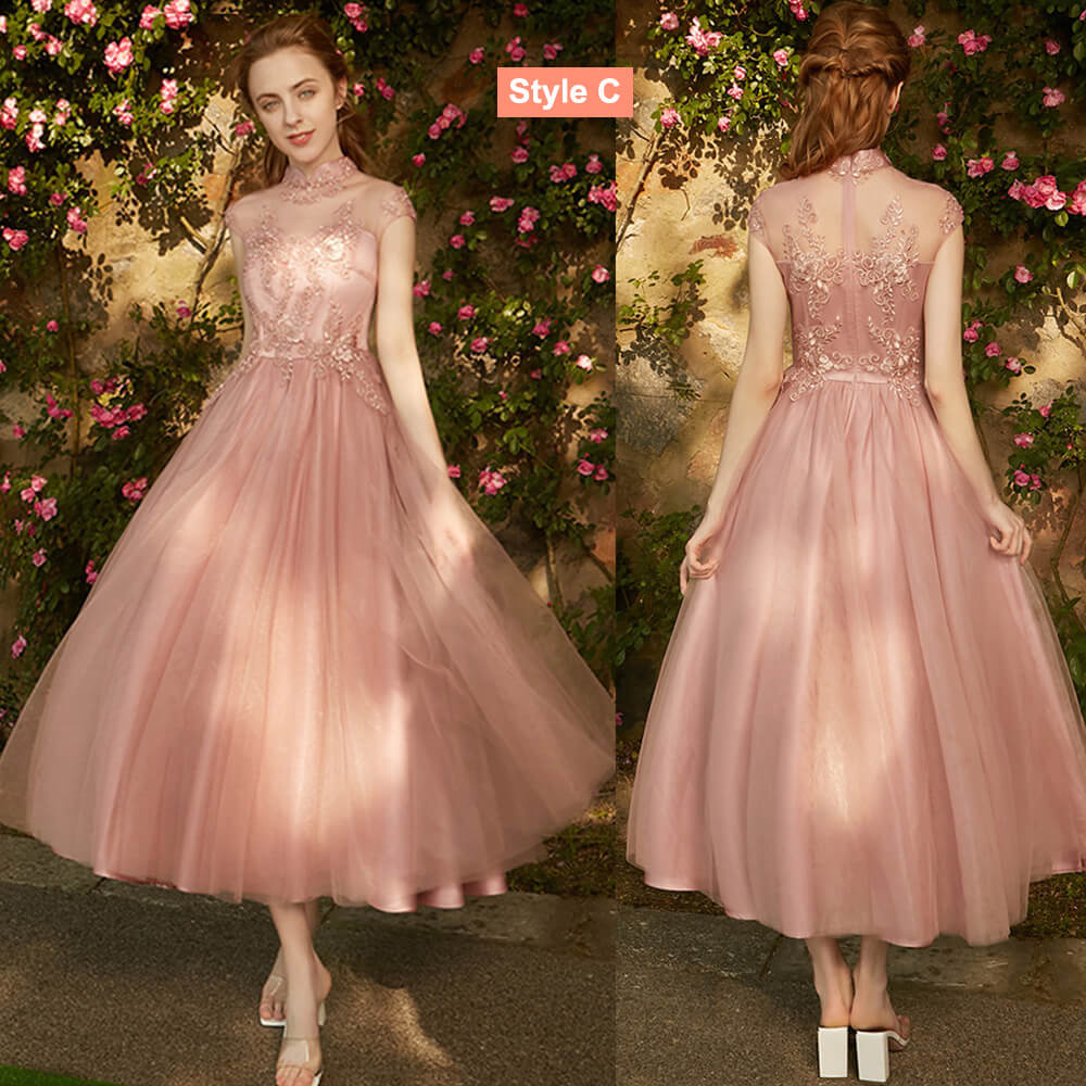 [Final Sale]Mix Match Dusty Rose and Silver Embroidery Bridesmaid Dress