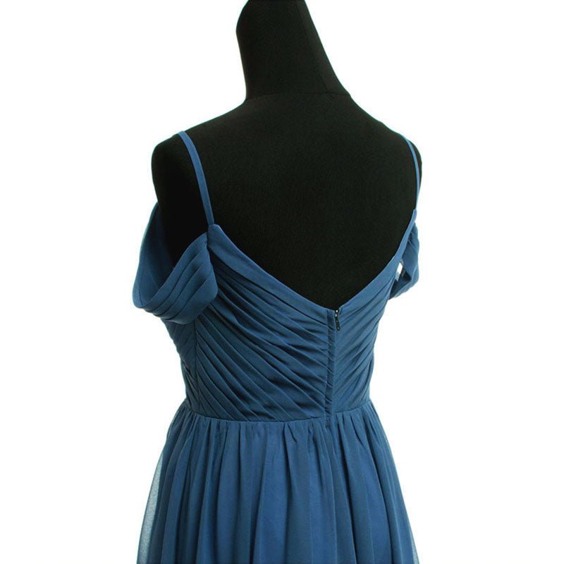 Prussian Indigo Blue Spaghetti Straps Pleated Chiffon Cold-Shoulder Bridesmaid Dress
