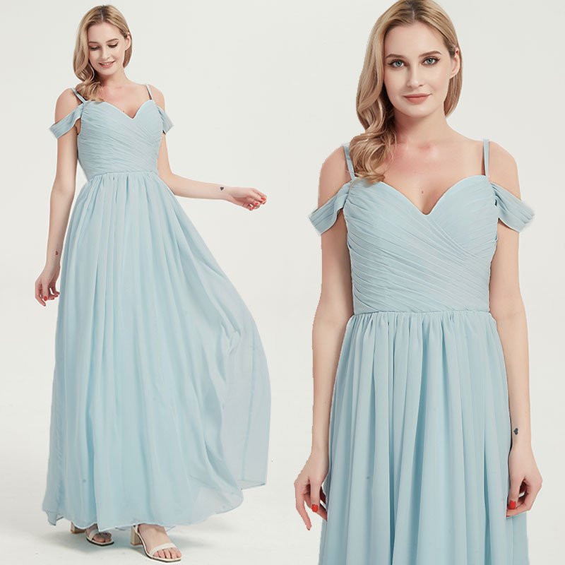 Prussian Indigo Blue Spaghetti Straps Pleated Chiffon Cold-Shoulder Bridesmaid Dress