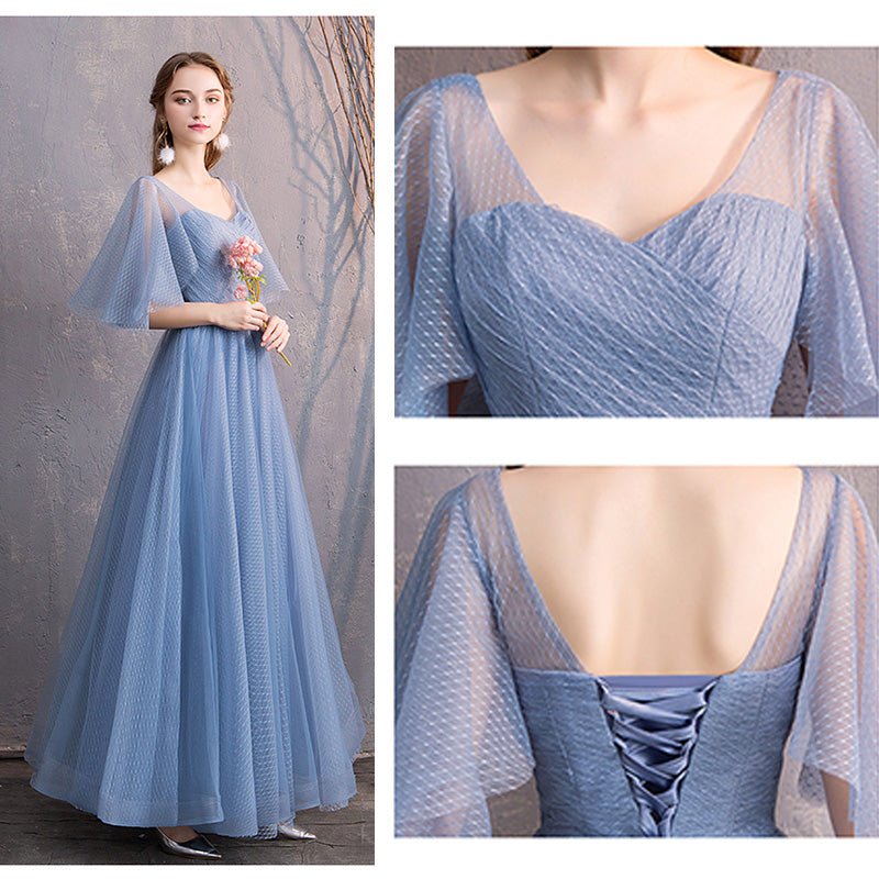 Illusion Sweetheart Ruffle Sleeves Dusty Blue Bridesmaid Dresses