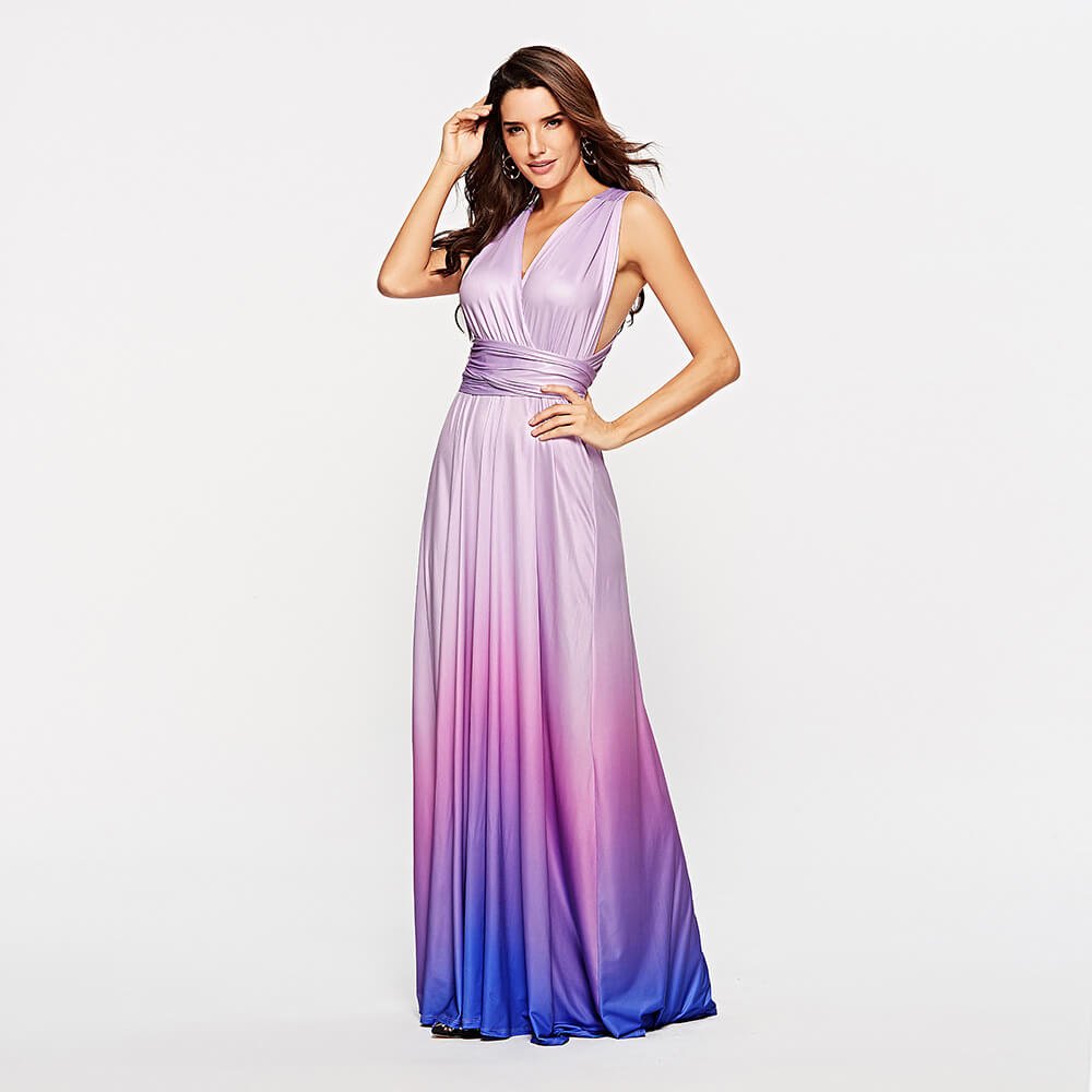 Women's Gradient Light Blue Infinity Wrap Multi Ways Convertible Boho Maxi Bridesmaid Dress
