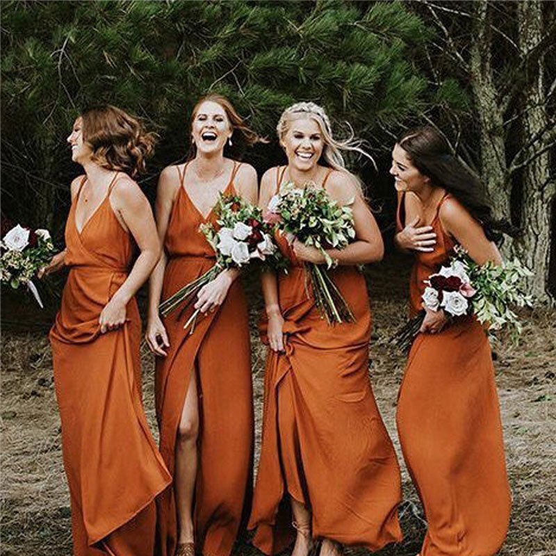 Burnt Orange V-neckline Straps Long Bridesmaid Dresses