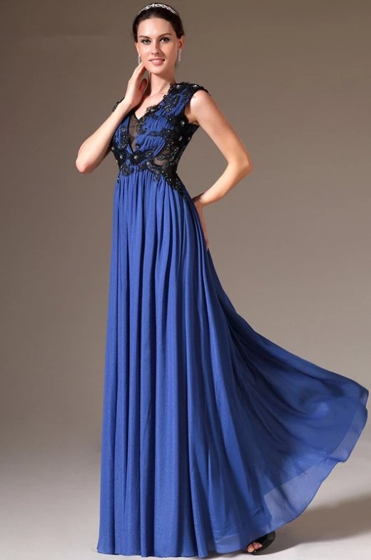 Blue Evening Dresses A-line V-neck Chiffon Appliques Crystals Long Formal Party Evening Gown Prom Dresses Robe De Soiree