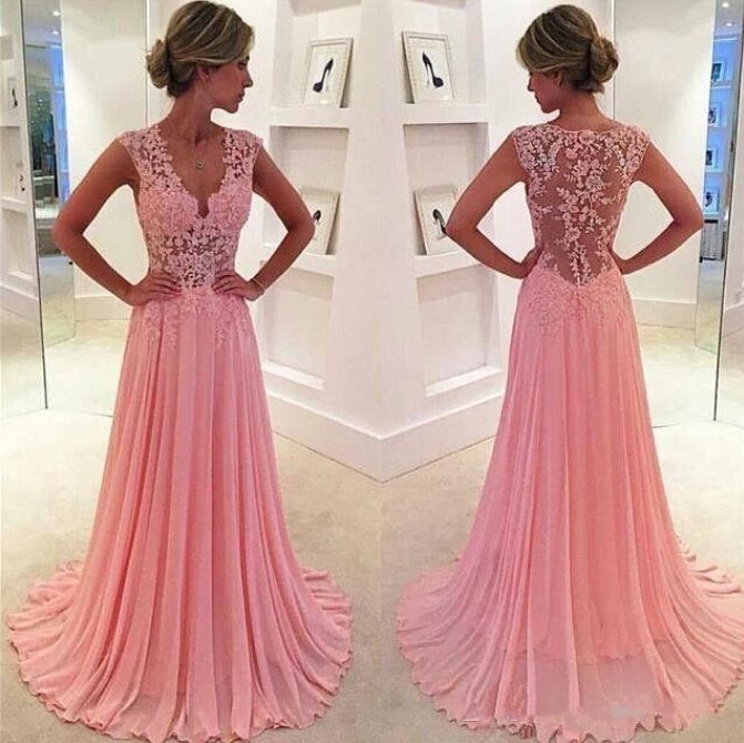 Pink Muslim Evening Dresses A-line V-neck Chiffon Lace Elegant Islamic Dubai Saudi Arabic Long Formal Evening Gown Prom