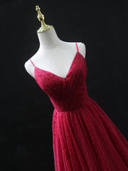 Burgundy v  neck tulle long prom dress, burgundy tulle formal dress