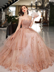 A line tulle lace long pink prom dress lace pink evening dress