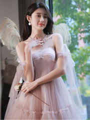 Pink tulle off shoulder short prom dress pink homecoming dress