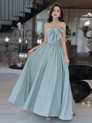 Blue satin A line long prom dress, blue bridesmaid dress
