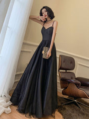 Black sweetheart neck long prom dress, backless tulle black party dress