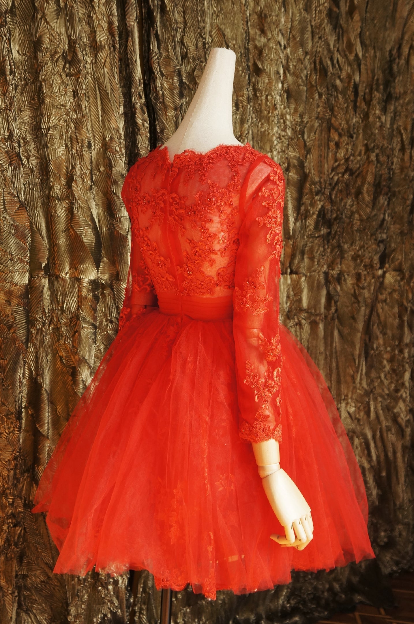 Red lace long prom dress red tulle lace short prom dress