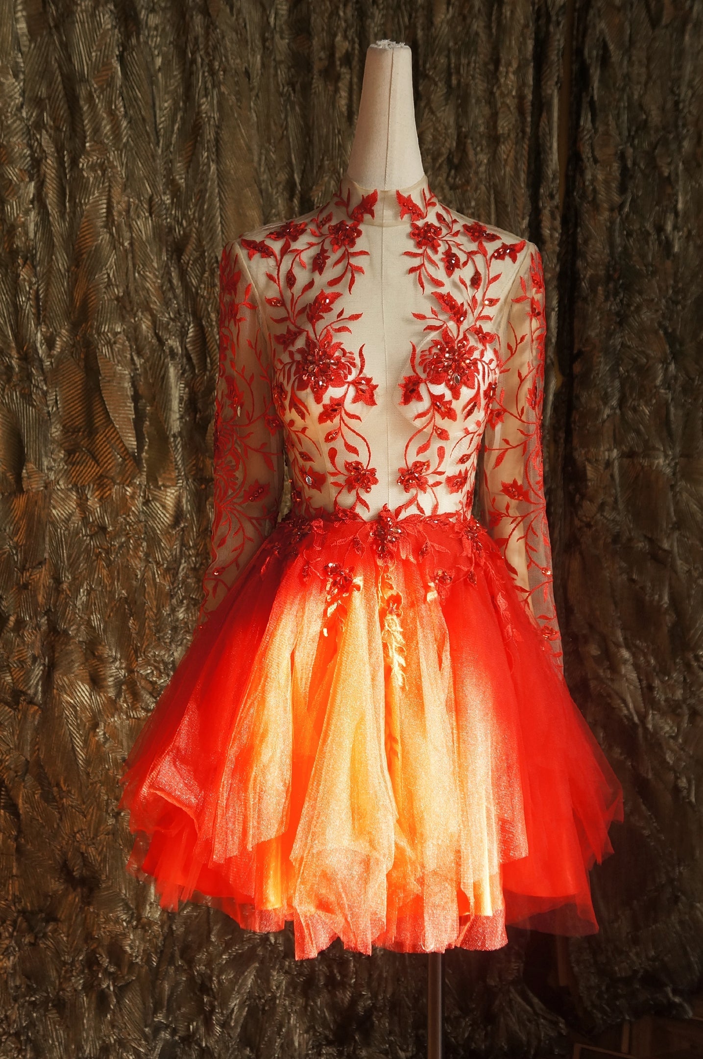 Red lace long prom dress red tulle lace short prom dress