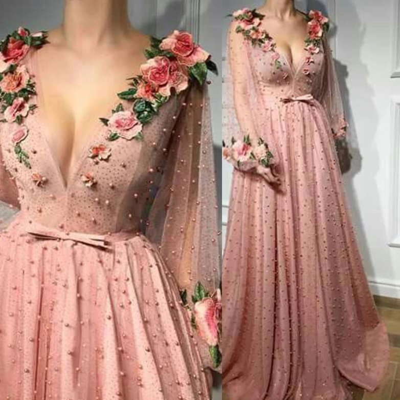 A-line Prom Dresses V neck Pink Long Prom Dress Evening Dresses With 3D Flower Long Sleeves Evening Gowns