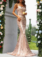Mermaid / Trumpet Sparkle Sexy Engagement Formal Evening Dress Spaghetti Strap Strapless Sleeveless Sweep / Brush Train Stretch Fabric with Sequin