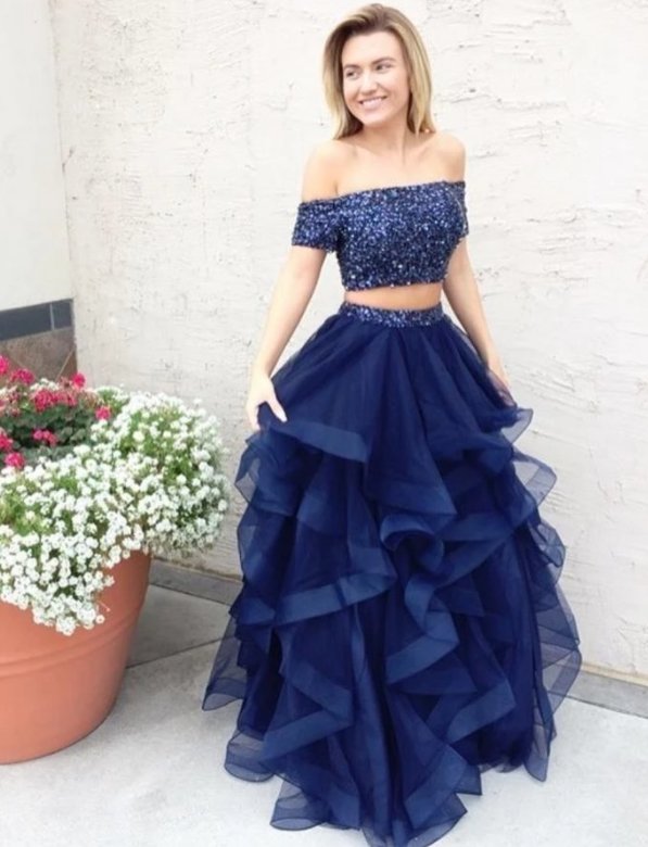 Blue Robe De Soiree A-line Off The Shoulder Tulle Beaded Two Pieces Sexy Long Prom Dresses Prom Gown Evening Dresses