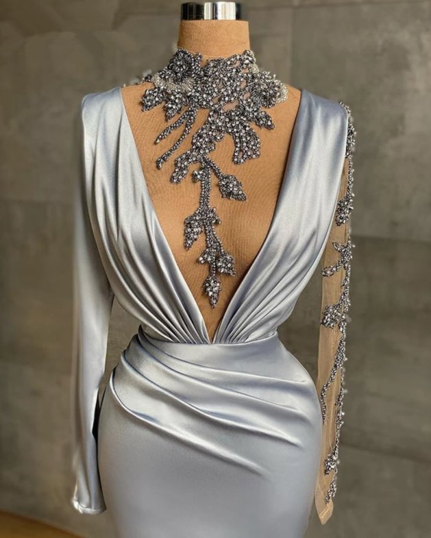 Gray Robe De Soiree Sheath Long Sleeves Beaded See Through Sexy Long Prom Dresses Prom Gown Evening Dresses