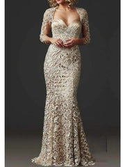 Mermaid / Trumpet Mother of the Bride Dress Elegant Sweetheart Neckline Floor Length Lace 3/4 Length Sleeve with Lace