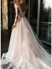 A-Line Wedding Dresses V Neck Sweep / Brush Train Lace Tulle Long Sleeve Romantic Boho Illusion Sleeve with Appliques