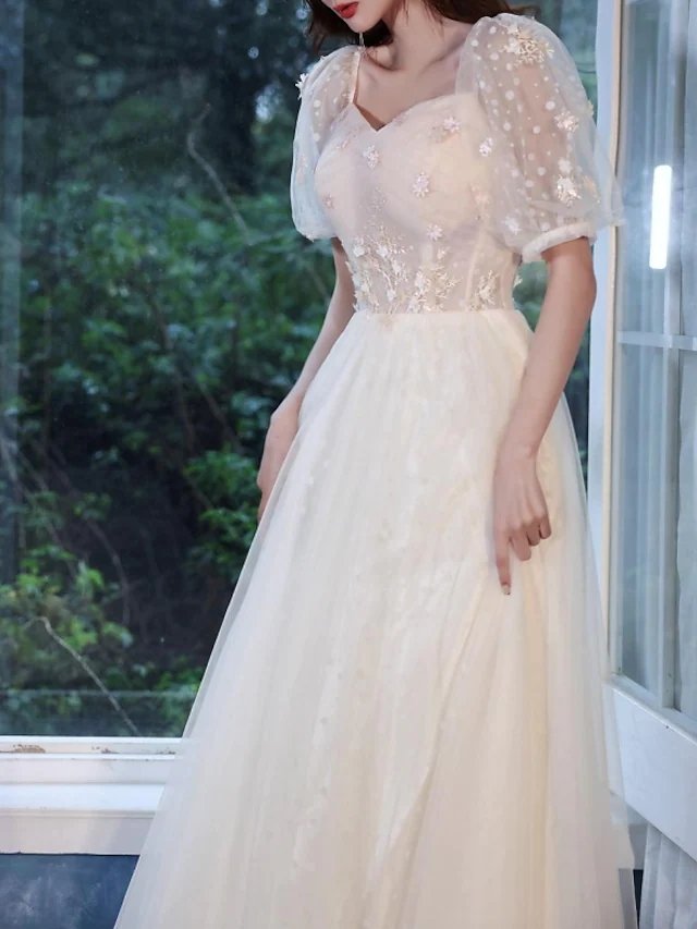 A-Line Elegant Engagement Prom Dress Off Shoulder Short Sleeve Floor Length Tulle with Appliques