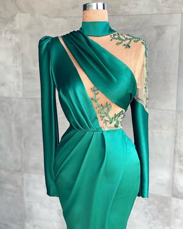Green Robe De Soiree Sheath Long Sleeves Satin Beaded Slit Sexy Long Prom Dresses Prom Gown Evening Dresses