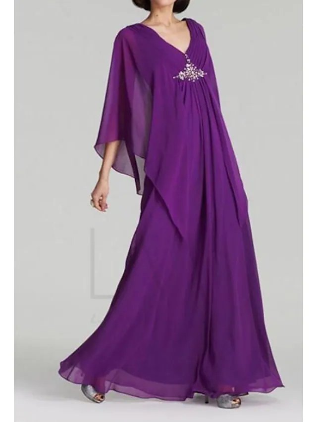 A-Line Mother of the Bride Dress Sweet V Neck Floor Length Chiffon Satin 3/4 Length Sleeve with Sequin