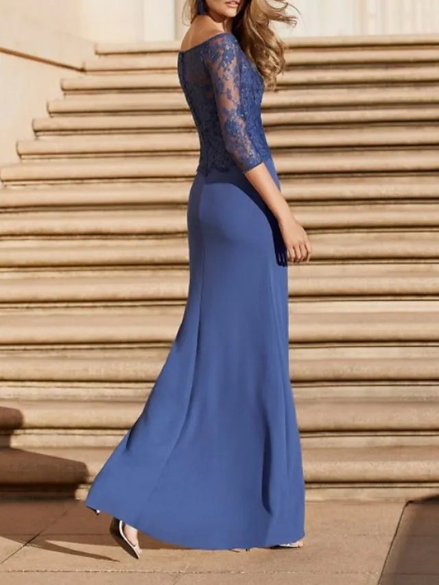 A-Line Mother of the Bride Dress Elegant Off Shoulder Floor Length Chiffon Lace Half Sleeve with Appliques