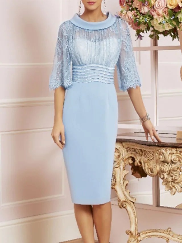 Sheath / Column Mother of the Bride Dress See Through Jewel Neck Knee Length Charmeuse Half Sleeve with Lace Sash / Ribbon