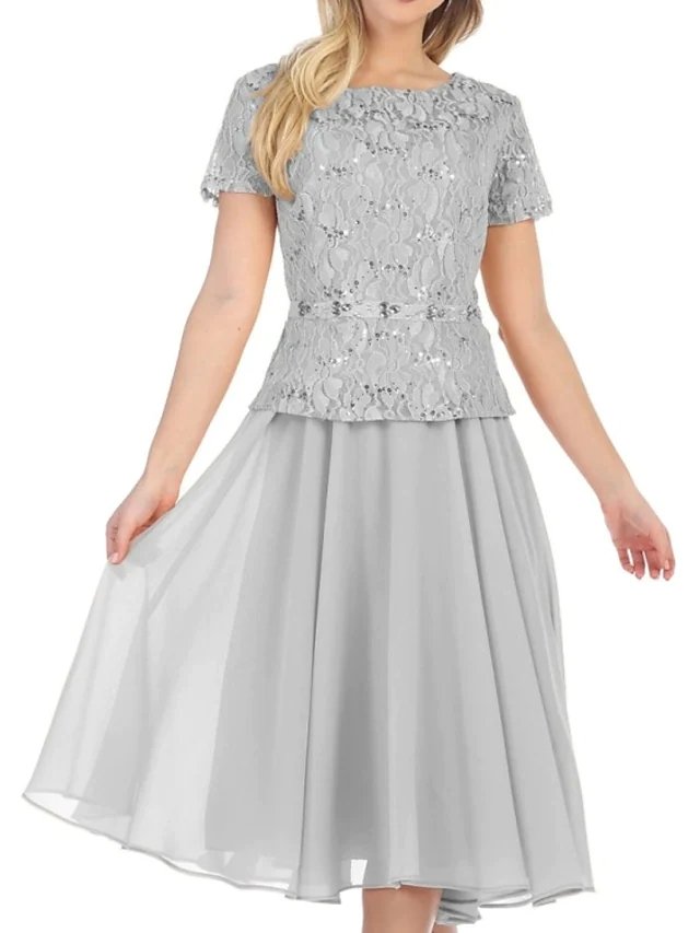 A-Line Mother of the Bride Dress Elegant Jewel Neck Tea Length Chiffon Lace Short Sleeve with Sequin
