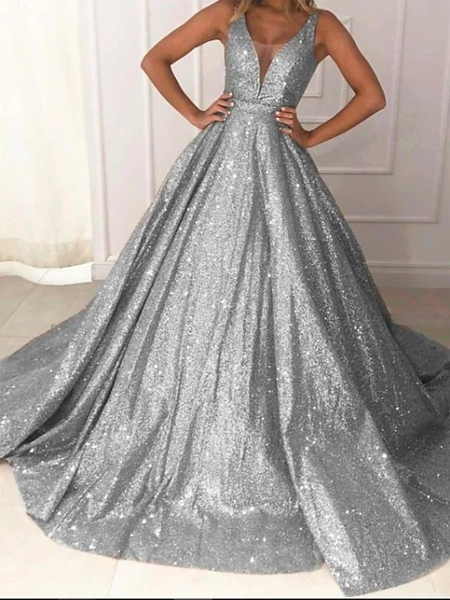 Ball Gown Luxurious Sparkle Quinceanera Prom Dress V Neck Sleeveless Sweep / Brush Train Sequined with Pleats Sequin