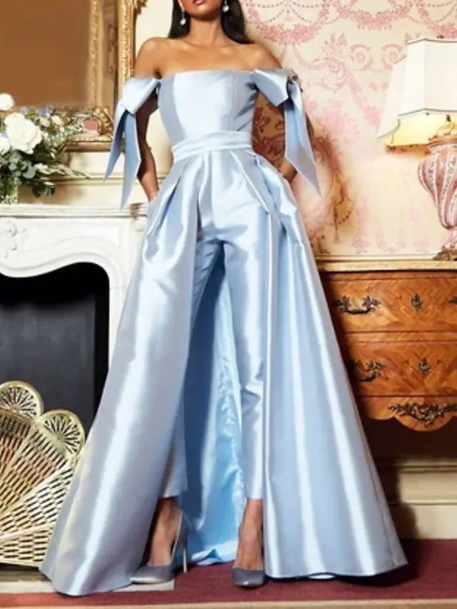 Jumpsuits Elegant Vintage Engagement Formal Evening Dress Off Shoulder Sleeveless Floor Length Charmeuse with Bow(s)