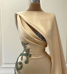 Champagne Robe De Soiree Sheath Floor Length Satin Beaded Long Prom Dresses Prom Gown Evening Dresses