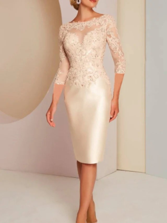 Sheath / Column Mother of the Bride Dress Elegant Jewel Neck Knee Length Charmeuse 3/4 Length Sleeve with Appliques