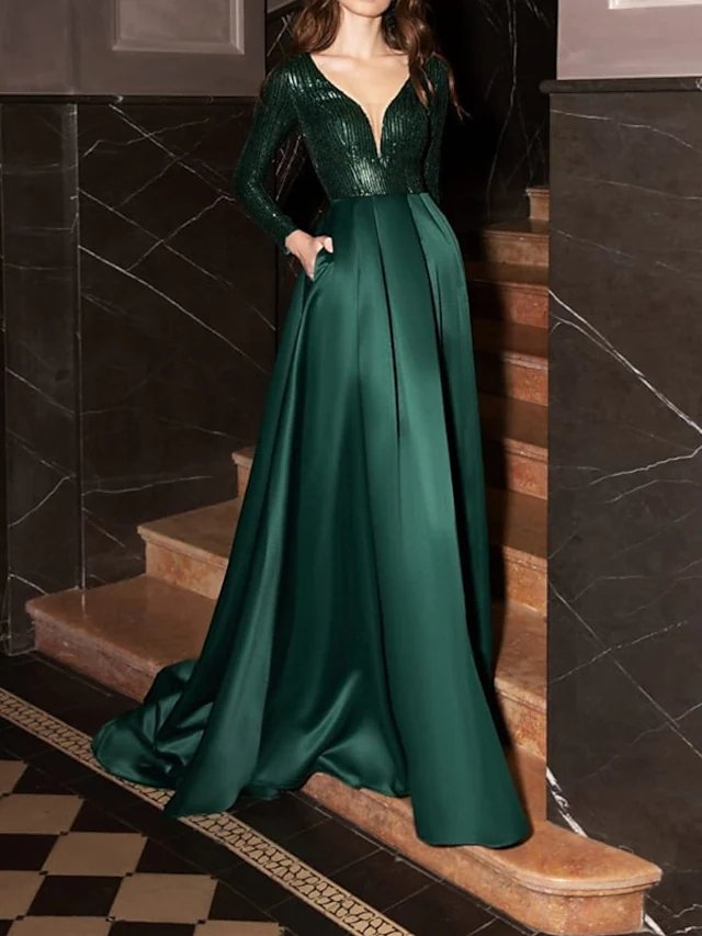 A-Line Glittering Elegant Wedding Guest Formal Evening Dress V Neck Long Sleeve Court Train Satin Sequined with Pleats Sequin