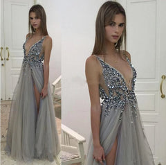 Silver Robe De Soiree A-line Deep V-neck Tulle Beaded Slit Backless Sexy Long Prom Dresses Prom Gown Evening Dresses