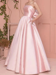 A-Line Minimalist Elegant Engagement Prom Dress Strapless Sleeveless Floor Length Satin with Pleats