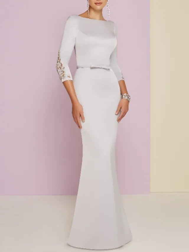 Sheath / Column Mother of the Bride Dress Plus Size Bateau Neck Floor Length Satin 3/4 Length Sleeve with Bow(s) Beading