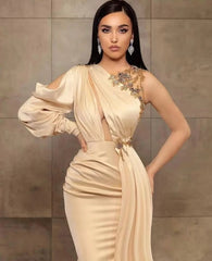 Champagne Evening Dresses Mermaid One-shoulder Beaded Long Turkey Dubai Saudi Arabic Evening Gown Prom Dresses