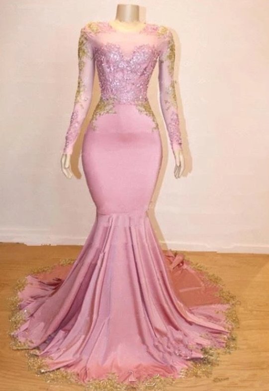 Pink Robe De Soiree Mermaid Long Sleeves Appliques Lace Beaded Sexy Long Prom Dresses Prom Gown Evening Dresses