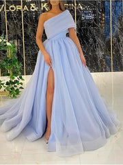 A-Line Luxurious Elegant Engagement Prom Dress One Shoulder Sleeveless Sweep / Brush Train Tulle with Split
