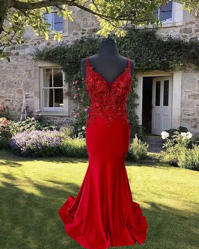 Mermaid Red V-neck Satin Dress With 3D Flowers