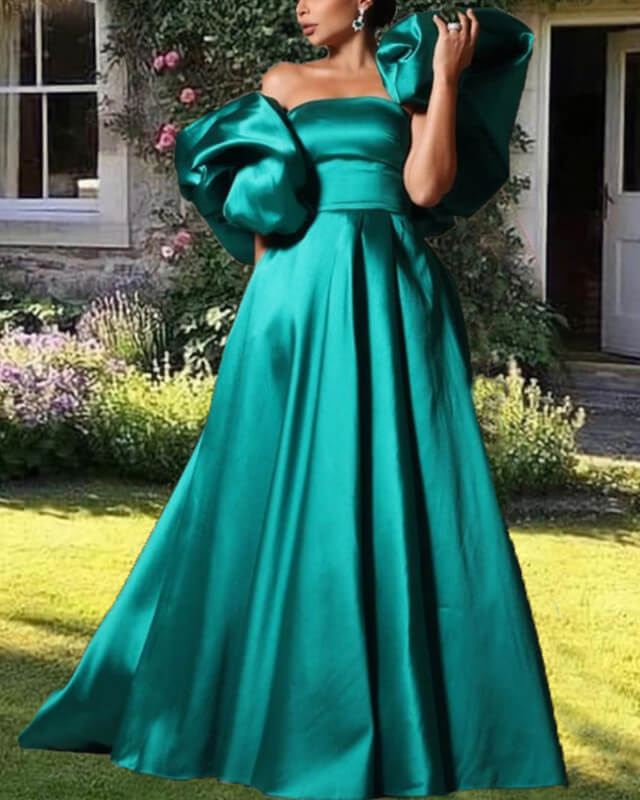 Puffy Sleeves Satin Ball Gown Dress