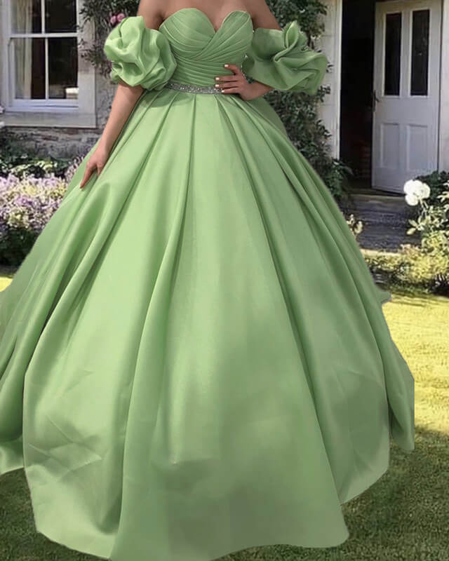 Ruched Sweetheart Puffy Sleeve Satin Ball Gown