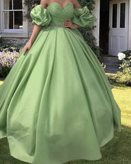 Ruched Sweetheart Puffy Sleeve Satin Ball Gown