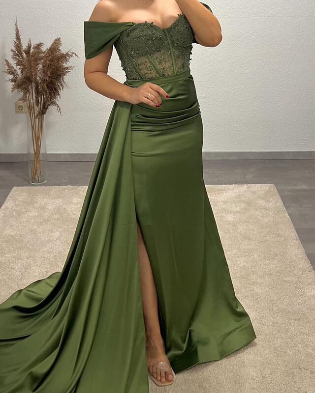 Mermaid Olive Green Satin Applique Gown