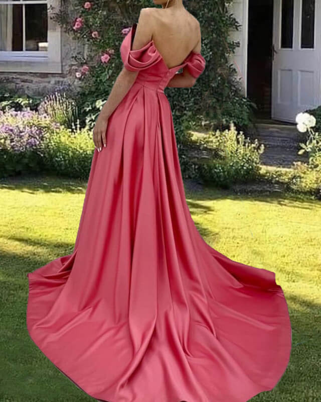 Candy Pink Satin Prom Dresses Off The Shoulder