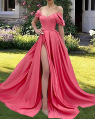 Candy Pink Satin Prom Dresses Off The Shoulder