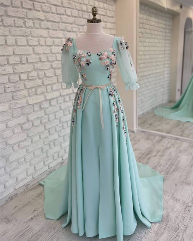 Blue Puffy Sleeve Dress With 3d Flowers