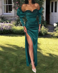 Mermaid Emerald Satin Sleeved Dress