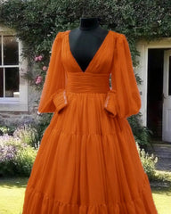 Burnt Orange Tulle V-Neck Ball Gown Dress